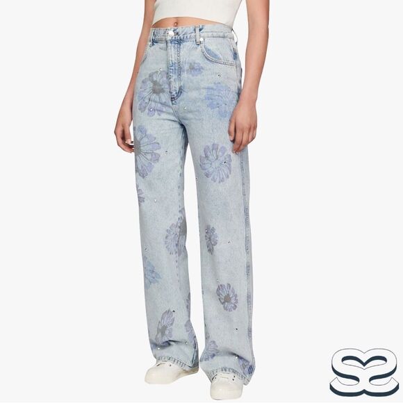 Sandro **NWT** Blossom Floral Print Rhinestone Straight Jeans in Blue Je… - Picture 2 of 15